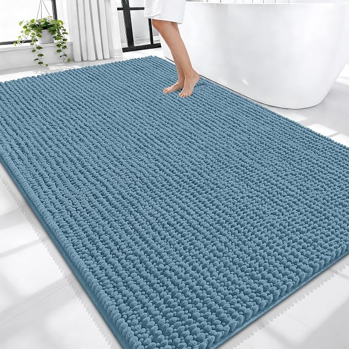 OLANLY Thick Chenille Large Bathroom Rugs Mats 70x46, Airy Blue | Soft Absorbent Bath Rugs, Rubber Backing, Machine Wash Dry, Bath Mats for Bathroom, Tub and Shower, Home Decor Accessories
