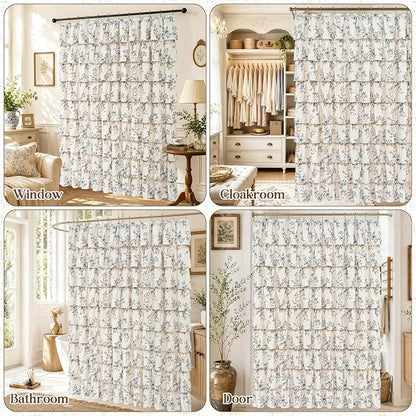 Yinhua Extra Long Farmhouse Ruffle Shower Curtains for Bathroom, 72" Wx90 L | Black Floral Print, Ruflle Design, 12 Metal Hooks, Vintage Rustic Washable Waterproof Shower Curtain for Bathroom Bathtub