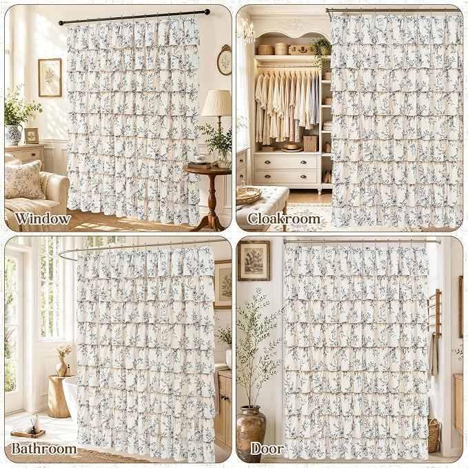 Yinhua Extra Long Farmhouse Ruffle Shower Curtains for Bathroom, 72" Wx84 L | Black Floral Print, Ruflle Design, 12 Metal Hooks, Vintage Rustic Washable Waterproof Shower Curtain for Bathroom Bathtub