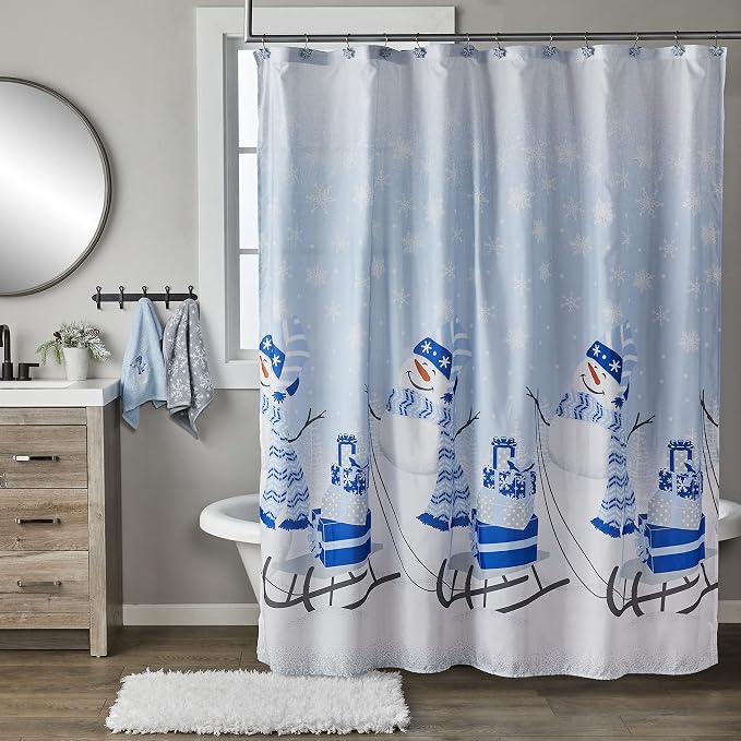 SKL Home Christmas/Winter Snowman Sled Hand Towel Set-2pc, Blue | 100% Cotton. Soft & absorbent terry with embroidery. Great for the bathroom, kitchen or bar & holiday gifting.