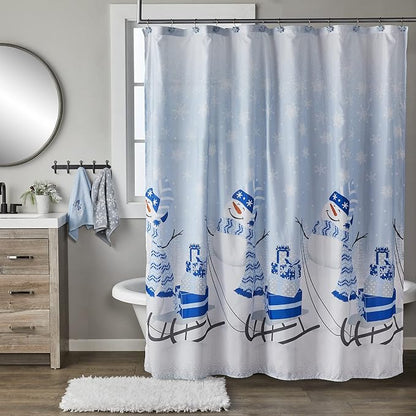 SKL Home Christmas/Winter Snowman Sled Hand Towel Set-2pc, Blue | 100% Cotton. Soft & absorbent terry with embroidery. Great for the bathroom, kitchen or bar & holiday gifting.