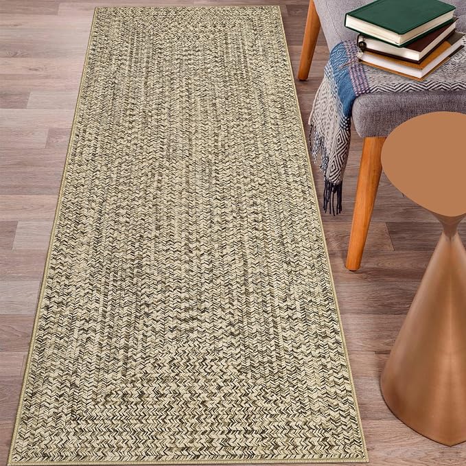 Printed Washable Runner Rug 2x8 Runners for Hallways Braided Pattern Non Slip Bath Mat Modern Soft Bedroom Rug Farmhouse Kitchen Rugs Entryway Rugs Stain Resistant Carpet 2'x8' Natural