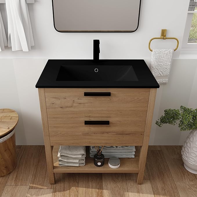 SSLine Free Standing Bathroom Vanity with Sink Modern 30" Bathroom Vanity with Top Basin&Storage Drawers Oak Wood Bath Vanity w/Black Ceramic Sink for Small Bathroom Powder Room