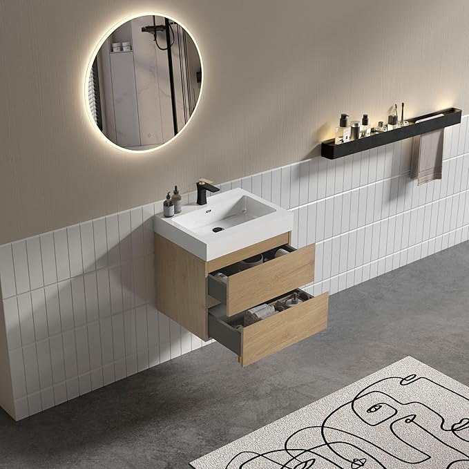 24" Floating Bathroom Vanity with Sink, Modern Bathroom Cabinet with Top and Soft Close Drawers, Spacious Storage for Small Space, Natural Oak - Lavanda Collection