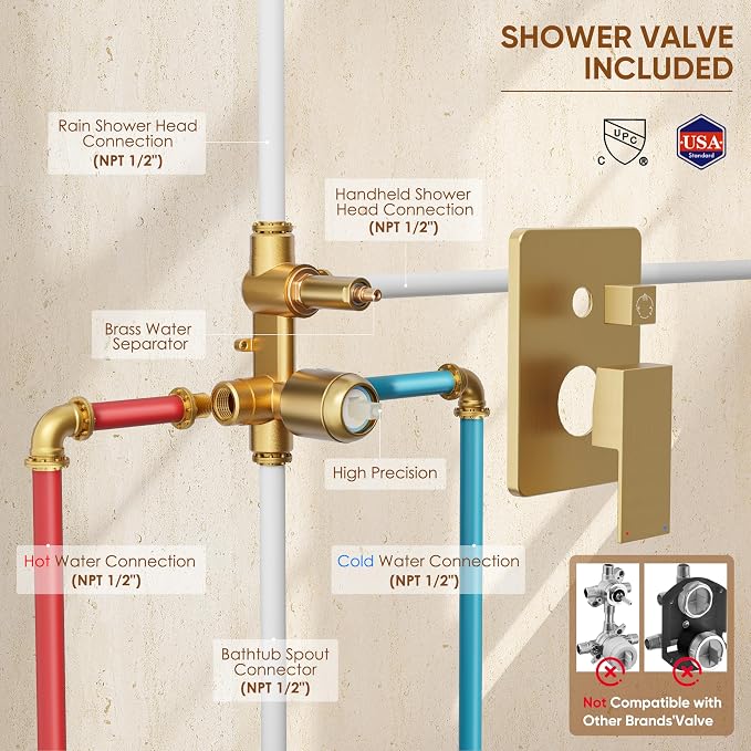 Brushed Gold Shower System with Tub Spout and 10“ Rain Shower Head | All Metal Tub Shower Faucet Set with Shower Head and Handheld combo set,Wall Mounted Shower System with valve and Trim kit