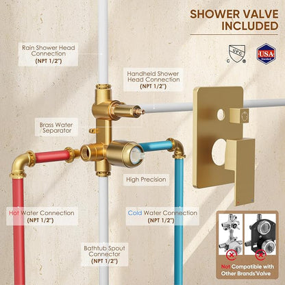 Brushed Gold Shower System with Tub Spout and 10“ Rain Shower Head | All Metal Tub Shower Faucet Set with Shower Head and Handheld combo set,Wall Mounted Shower System with valve and Trim kit