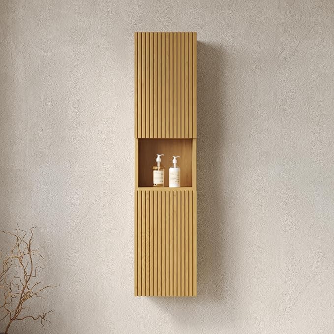 KEIKI Bathroom Wall Cabinet with Soft-Close Doors & Open Shelf, Golden Oak | Premium Wood Medicine Cabinet, Narrow Storage Cabinet for Bathroom Kitchen Laundry Room