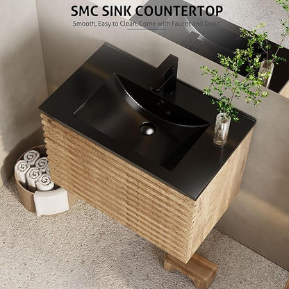 eclife 30" Floating Bathroom Vanity with Sink Combo, Mid-Century Wall Mounted Cabinet with Wood Stripes Decor, Drawers, Undermount Single Black Sink, Faucet, Drain, Light Walnut