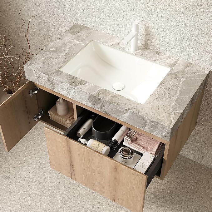 KEIKI 36 Inch Floating Bathroom Vanity with Sink, White Oak & Grey | Modern Wall Mounted Storage Cabinet w/ Drawer & Door, Pre-assembled Wood Panels, Sintered Stone Top & Ceramic Basin Combo Set