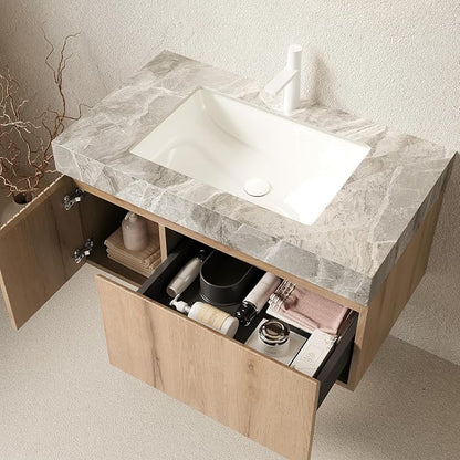 KEIKI 36 Inch Floating Bathroom Vanity with Sink, White Oak & Grey | Modern Wall Mounted Storage Cabinet w/ Drawer & Door, Pre-assembled Wood Panels, Sintered Stone Top & Ceramic Basin Combo Set