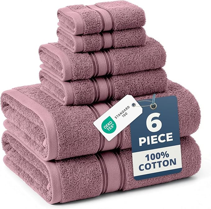 LANE LINEN Bath Towel Set Absorbent Quick Dry 100% Cotton - Wishful Mauve | Towel Sets For College Dorm - OEKO-TEX Certified, Zero-Twist Durability, Zero-Twist Cotton, Terry Weave Comfort