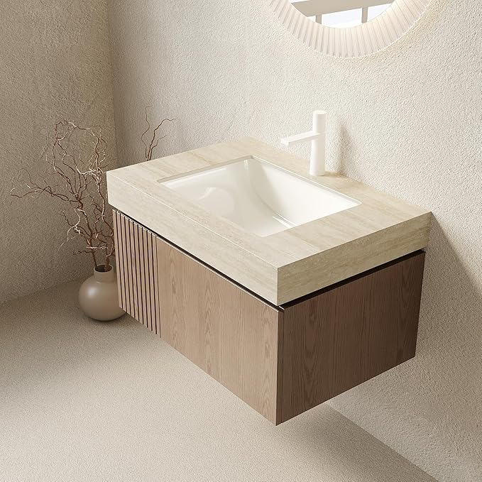 Ambrovina 30" Floating Bathroom Vanity with Sink, Modern Wall Mounted Storage Vanities with Drawer and Door, Roma Travertine Countertop and Ceramic Basin, Pre-Assembled Cabinet, Light Brown