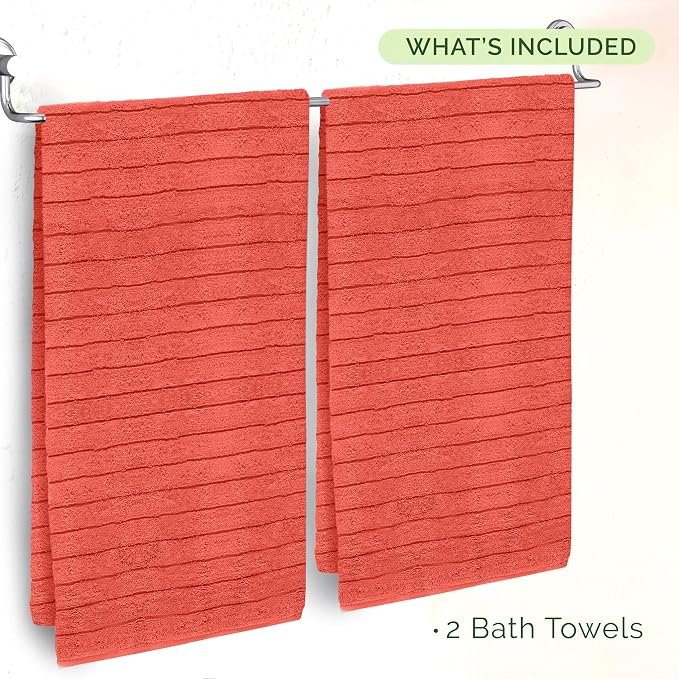 Elegant Comfort 100% Turkish Cotton Corduroy Ribbed Luxury Soft 2 Pack Bath Towels 27 x 54 Inch - Ultra Plush, Absorbent, Quick Dry, Hotel Spa Quality Towels for Bathroom Essentials, Coral