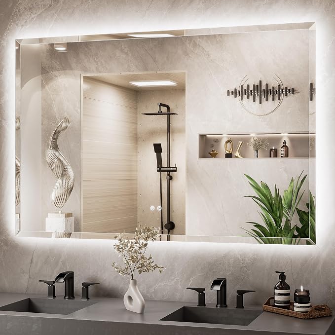 60 x 40 Oversized Backlit Mirror Bathroom, LED Vanity Mirror with Beveled Edge, Safe Tempered Glass, 3 Color Temperature, Anti-Fog, Dimmable, Memory Function, Wall-Mounted Vanity Mirrors