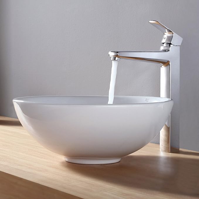 KRAUS Elavo Round Vessel White Porcelain Ceramic Bathroom Sink, 16 inch KCV-141