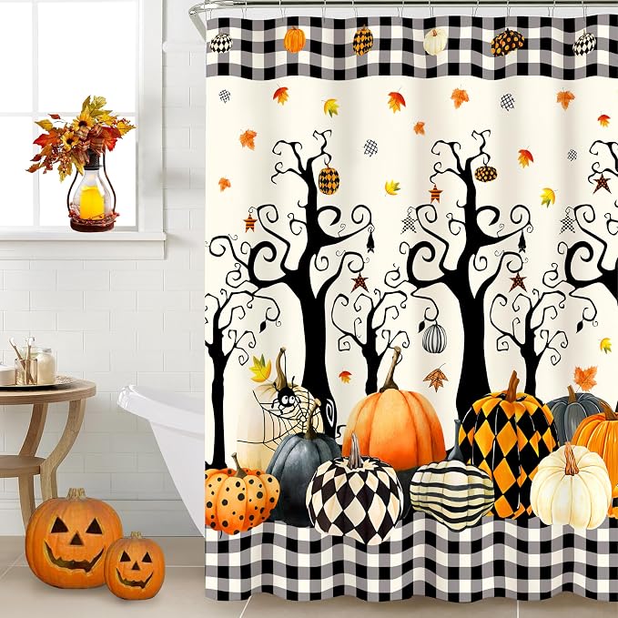 Halloween Shower Curtain Set Pumpkin Tree Leaves Buffalo Plaid Shower Curtains Waterproof Fabric Bath Curtains with 12 Hooks for Fall Halloween Bathroom Decor, 72 x 72 Inches