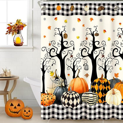 Halloween Shower Curtain Set Pumpkin Tree Leaves Buffalo Plaid Shower Curtains Waterproof Fabric Bath Curtains with 12 Hooks for Fall Halloween Bathroom Decor, 72 x 72 Inches