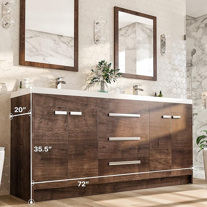 Eviva Lugano 72 in. Rosewood Double Sink Bath Vanity with Acrylic Top and Integrated Sinks