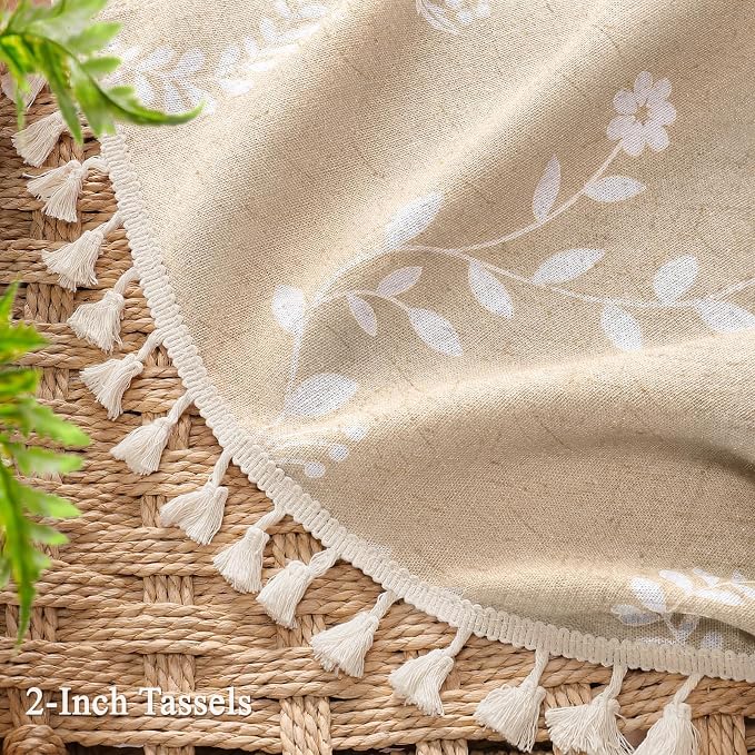 Vintage Boho Beige Shower Curtain, Floral Linen Patterned Shower Curtains for Bathroom with Tassels, 72 x 72