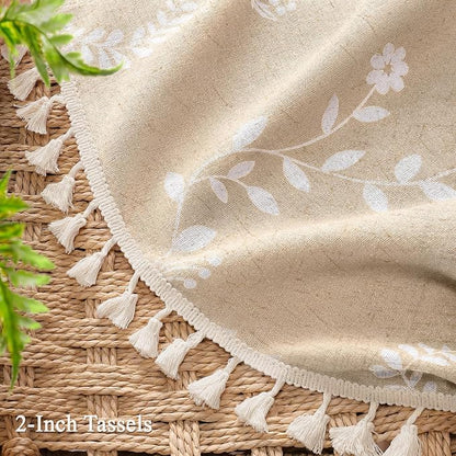 Vintage Boho Beige Shower Curtain, Floral Linen Patterned Shower Curtains for Bathroom with Tassels, 72 x 72