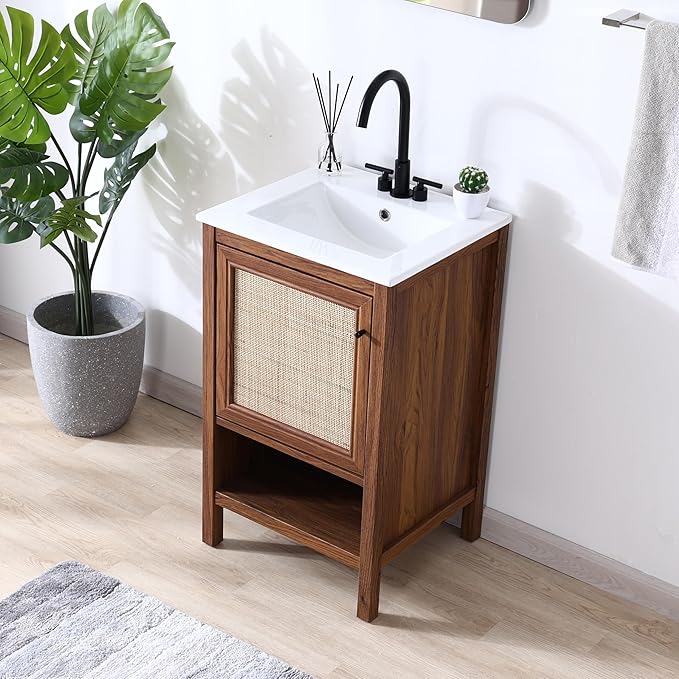 JONATHAN Y VAN1022B Jasper 20 in. W x 18 in. D x 33 in. H Rattan Modern Coastal 2-Shelf Bathroom Vanity Cabinet Only with Soft Closing Doors (Sink Basin Not Included), Walnut