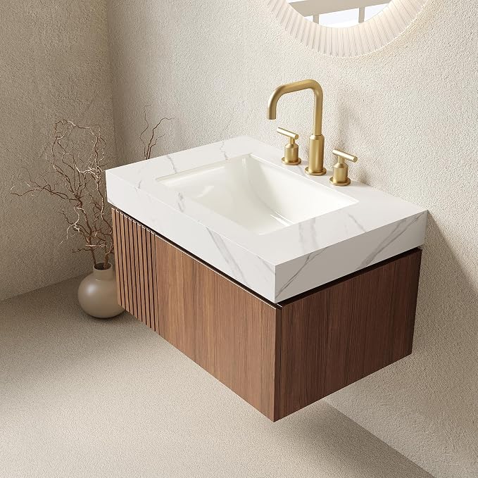 KEIKI 30 Inch Floating Bathroom Vanity with Sink, Brown Oak & White | Modern Wall Mounted Storage Cabinet w/ Drawer & Door, Pre-assembled Wood Panels, Sintered Stone Top & Ceramic Basin Combo Set