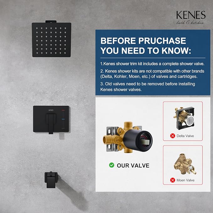 KENES Shower Set with Tub Faucet, Matte Black Tub and Shower Trim Kit | Shower Faucet with 6-Inch Rain Shower Head, Square Shower System, Valve Included, Lead-Free cUPC & NSF Certified, Stainless