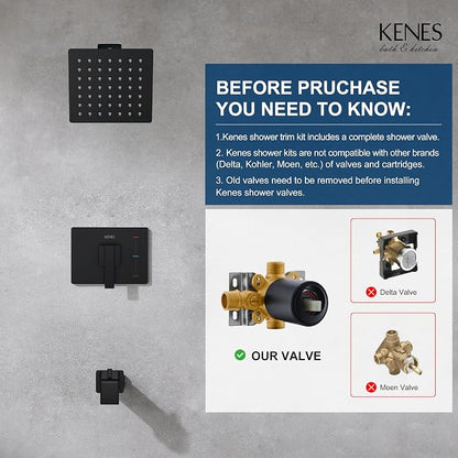 KENES Shower Set with Tub Faucet, Matte Black Tub and Shower Trim Kit | Shower Faucet with 6-Inch Rain Shower Head, Square Shower System, Valve Included, Lead-Free cUPC & NSF Certified, Stainless