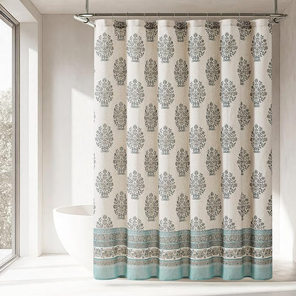Lush Decor Sofia Flower Block Bouquet Shower Curtain Single 72" W X 72" L Teal - Bath Curtain - Block Print - Floral Shower Curtain - Vintage Boho Decor