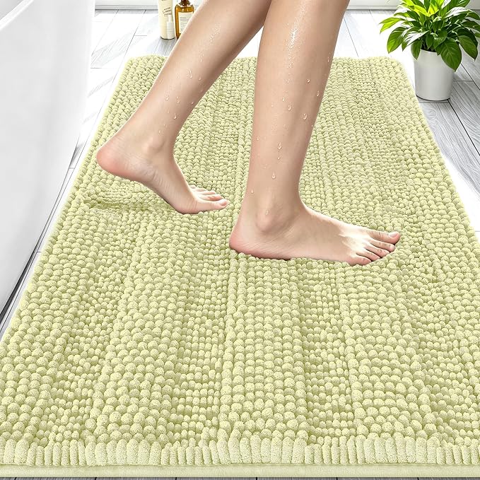 Smiry Thick Chenille Bathroom Rugs 30x20, Soft Absorbent Bath Mat, Vanilla | Quick‑Dry & Machine Washable, Non‑Slip Bath Carpet, Striped Bath Rugs for Tub & Shower, Modern Home Decor Accessories
