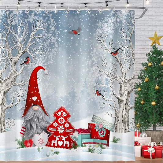 Winter Christmas Shower Curtain for Bathroom 72W*72H Inch Cute Gnome Cardinals Snowflake Snowy Bird Forest Holiday Decorations Bathtub Decor Waterproof Polyester Fabric Set