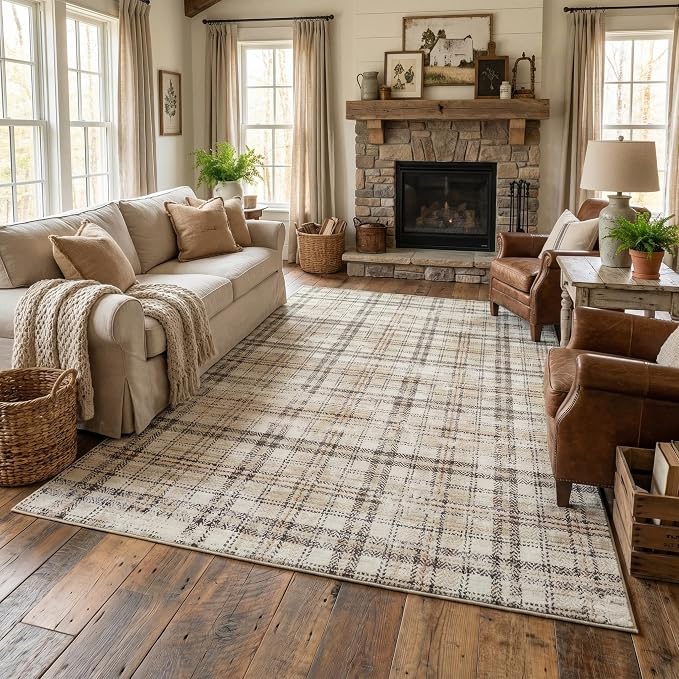 Washable Rugs 4x6 Rug for Living Room Modern Plaid Area Rug for Bedroom Tartan Non Slip Entryway Rug Soft Stain Resistant Carpet for Nursery Entrance Dining Room 4'x6' Beige