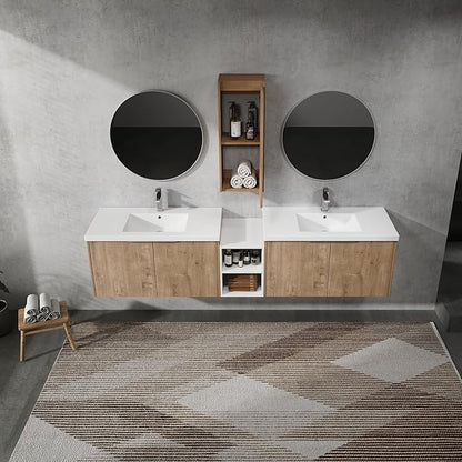 Henf 84" Floating Double Sink Bathroom Vanity Brown Wall Mount Bathroom Vanity Cabinet with Sink Combo, 84-Inch Bathroom Vanities Set with Open Storage Shelf & Side Cabinet & 2 36in Bathroom Vanities