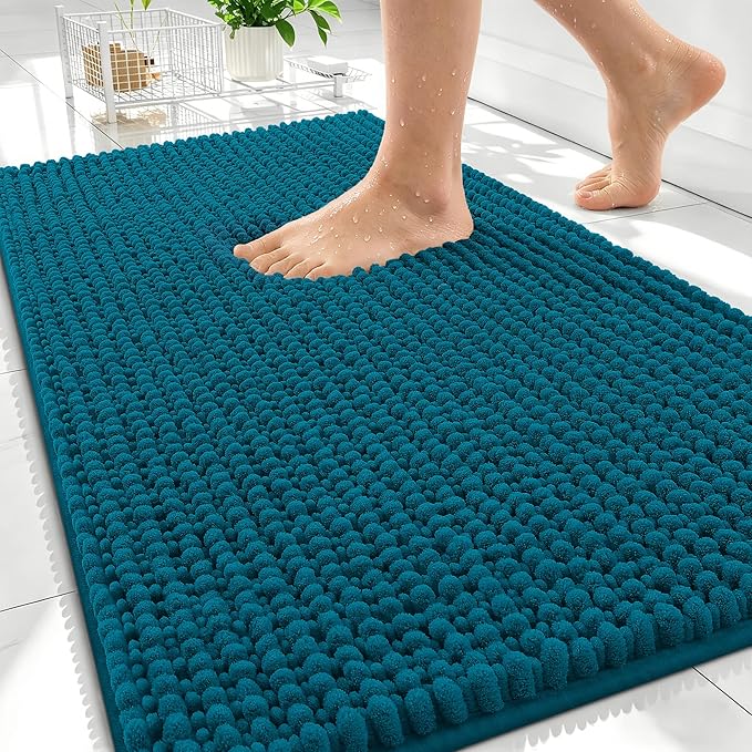 OLANLY Thick Chenille Absorbent Bathroom Rugs Mat 30x20, Peacock Blue | Soft Bath Rugs, Rubber Backing, Machine Wash Dry, Bath Mats for Bathroom, Tub and Shower, Home Decor Accessories