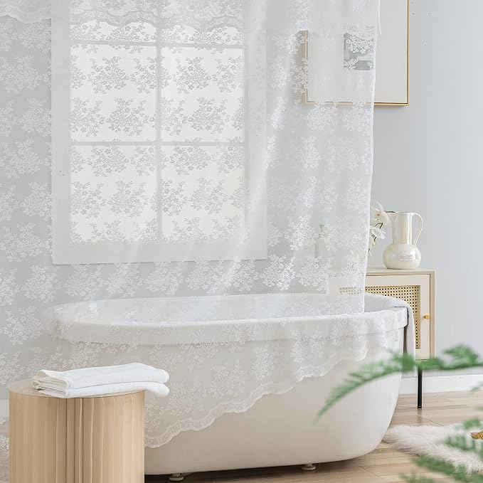 TUDECO White Lace Stall Shower Curtain with Valance 36''W x 72''L | Half Size, for Narrow RV Bathroom, French Country, Floral Pattern, Sheer, Reinforced Holes, Machine Washable