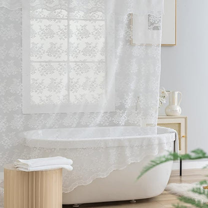 TUDECO White Lace Shower Curtain with Attached Valance 72 x 72 Inch | Elegant Floral, Vintage Bathroom Curtain, Scalloped Bottom, Brightens Space, Gentle Privacy, Machine Washable
