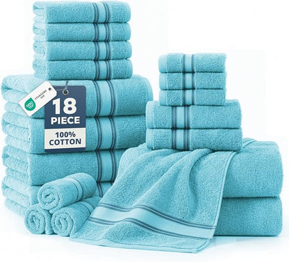 LANE LINEN Bath Towel Set 100% Cotton 18 Piece Soft Absorbent - Blue | Towel Pack -, Terry Weave Comfort, Long-Lasting Comfort, Hotel-Style Look, Gets Softer With Every Wash