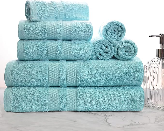 Superior Ultra-Soft 8-Piece Cotton Towel Set, Includes 2 Bath Towels, 2 Hand Towels, and 4 Washcloths, Daily Use Towels for Home, Bathroom, Guest Bath Room, Essential Quick Dry - Cyan