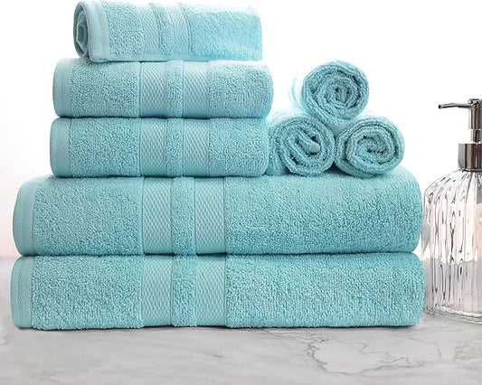 Superior Ultra-Soft 8-Piece Cotton Towel Set, Includes 2 Bath Towels, 2 Hand Towels, and 4 Washcloths, Daily Use Towels for Home, Bathroom, Guest Bath Room, Essential Quick Dry - Cyan