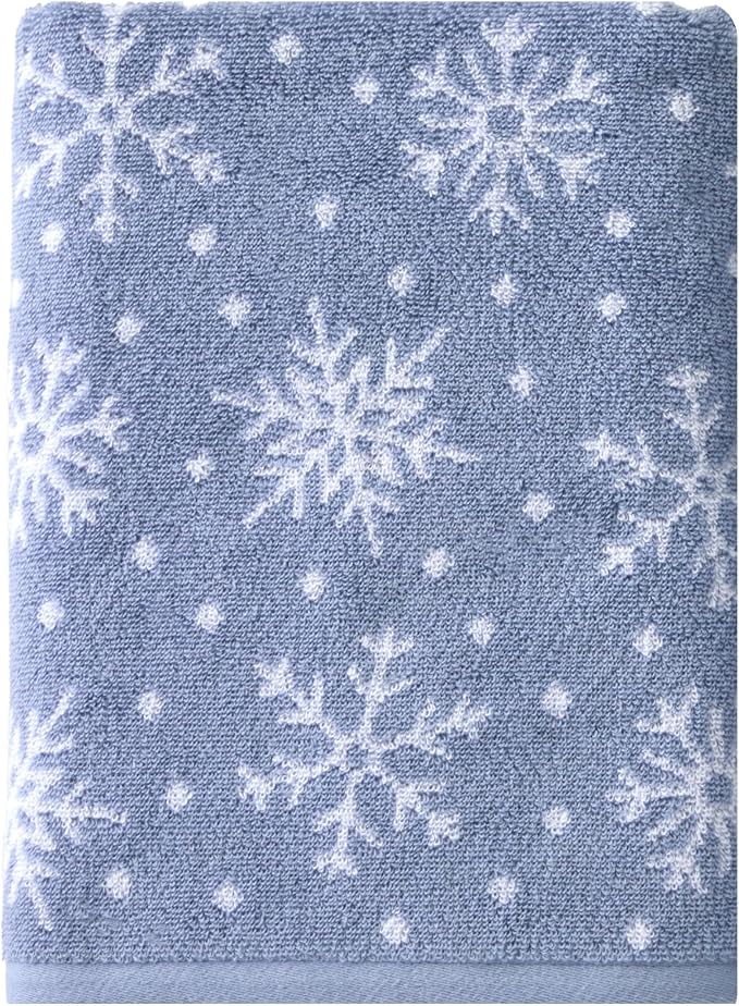 SKL Home Christmas/Winter Scattered Snowflakes Bath Towel, Blue | 100% Cotton. 500 GSM weight. Soft & absorbent. Reversible jacquard pattern. Great for holiday gifting.