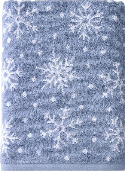 SKL Home Christmas/Winter Scattered Snowflakes Bath Towel, Blue | 100% Cotton. 500 GSM weight. Soft & absorbent. Reversible jacquard pattern. Great for holiday gifting.