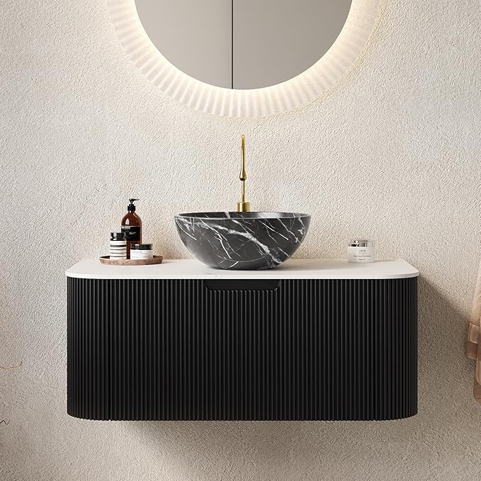 Yayzy 36" Floating Bathroom Vanity with Sink, Solid Wood Fluted Cabinet, White Marble-Patterned Ceramic Basin & Faux Marble Top, Soft-Close Drawer, Pre-Assembled, Gloss Black