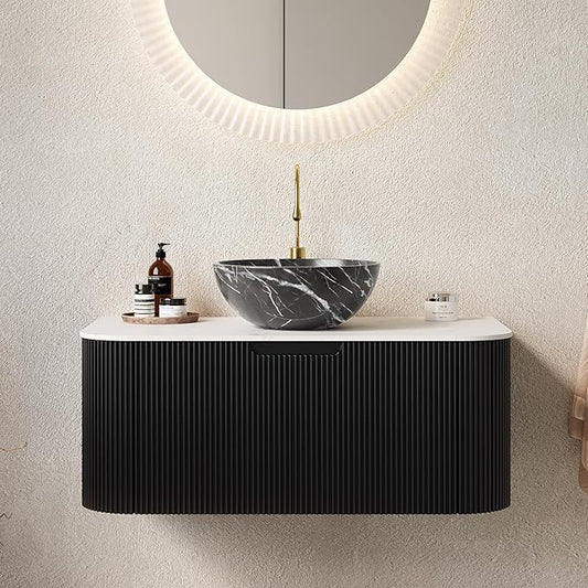 Yayzy 36" Floating Bathroom Vanity with Sink, Solid Wood Fluted Cabinet, White Marble-Patterned Ceramic Basin & Faux Marble Top, Soft-Close Drawer, Pre-Assembled, Gloss Black