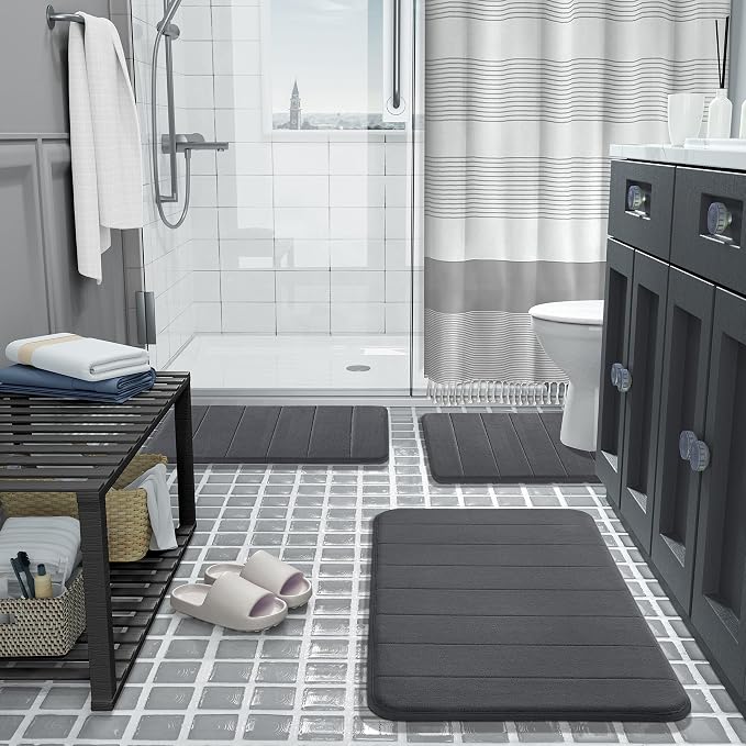 Yimobra Memory Foam Bath Mat, Super Soft Absorbent Bathroom Rug Non Slip 31.5x20 Inch, Quick Dry, Machine Washable Floor Carpet for Tub Shower, Home Decor Accessories, Dark Gray