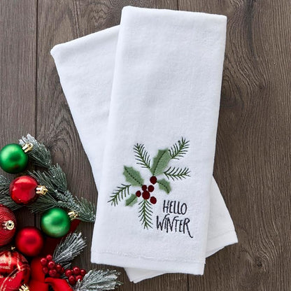 SKL Home Hello Winter Holly Hand Towel Set-2pc, 100% Cotton, White | Soft, embroidered velour with 3D applique. Great for the bathroom, kitchen or bar & holiday gifting.
