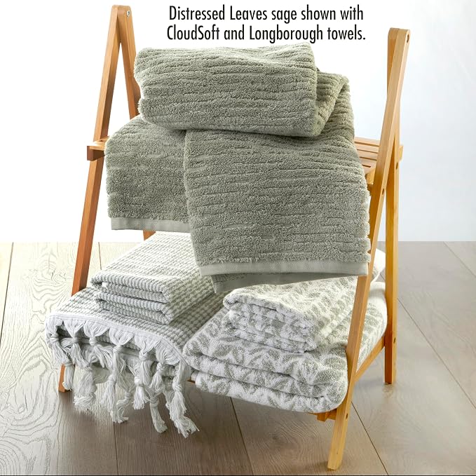 SKL Home Distressed Leaves Bath Towel, 100% Turkish Cotton, Sage | 600 GSM weight. Spa-level quality. Soft, & absorbent, reversible jacquard.