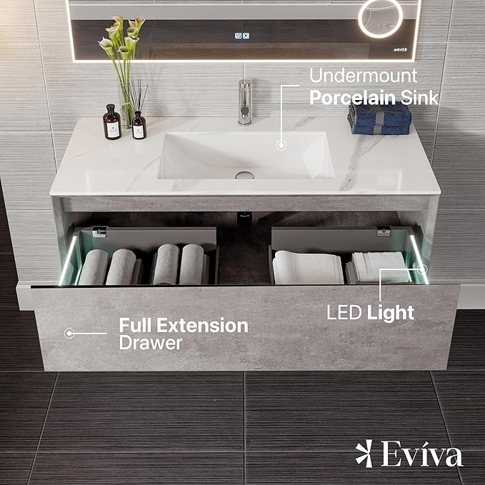 Eviva Aurora 48 in. Concrete Gray Wall Mount Single Sink Bath Vanity with Carrara Quartz Top