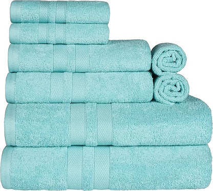 Superior Ultra-Soft 8-Piece Cotton Towel Set, Includes 2 Bath Towels, 2 Hand Towels, and 4 Washcloths, Daily Use Towels for Home, Bathroom, Guest Bath Room, Essential Quick Dry - Cyan