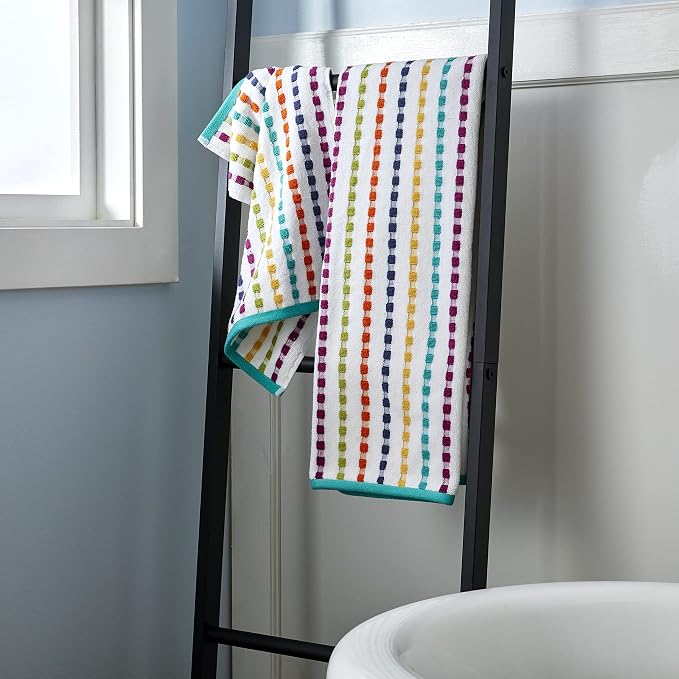 SKL Home Good Vibes Hand Towel Set-2pc, Premium 100% Cotton, Multi | 550 GSM weight. Soft & absorbent terry with colorful stripes. For use in the bathroom, kitchen, bar or any sink space.