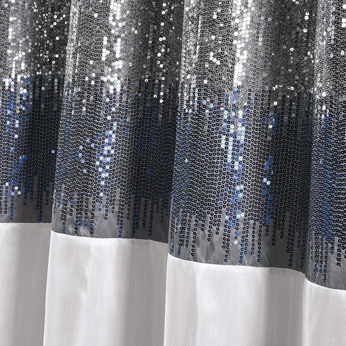 Lush Decor Night Sky Shower Curtain, Single, 72" W x 84" L, Navy & White - Sequin Shower Curtain - Sparkly Color Block Bath Curtain - Modern Glam Bathroom Decor - Extra Long Shower Curtain